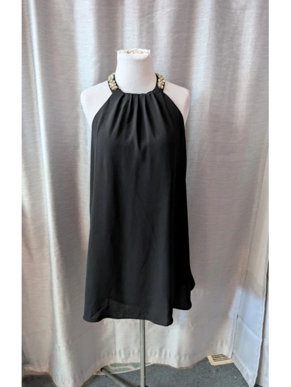 Black Chiffon Rhinestone Collar Trapeze Halter Dress S